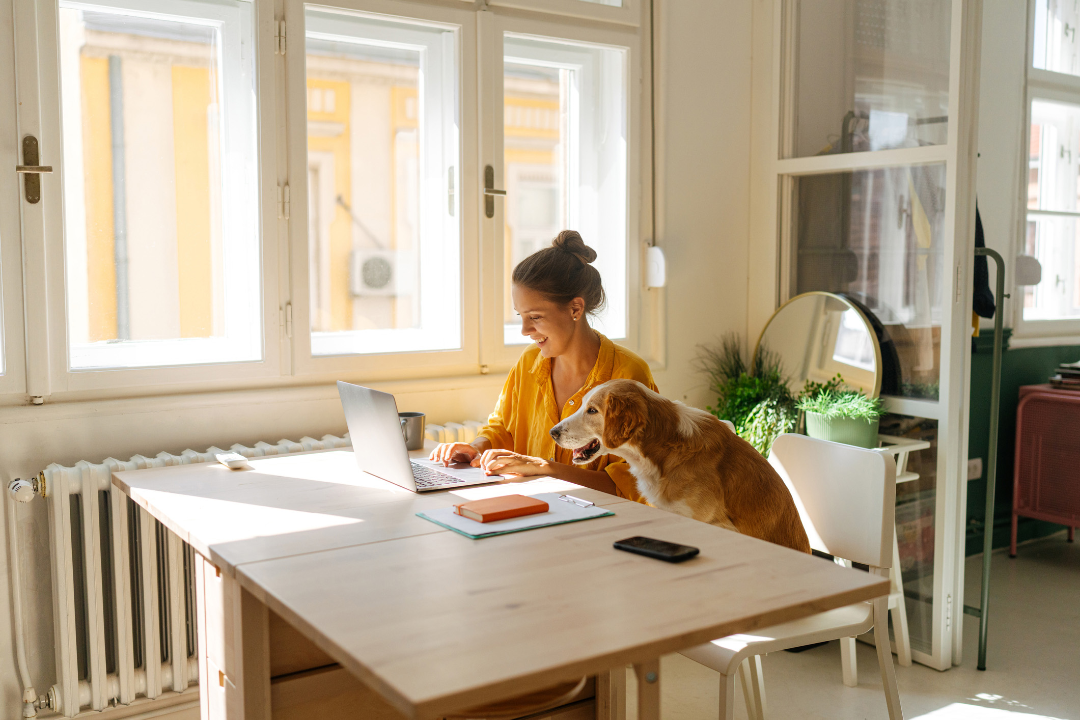 young woman at her home office with her pet dog